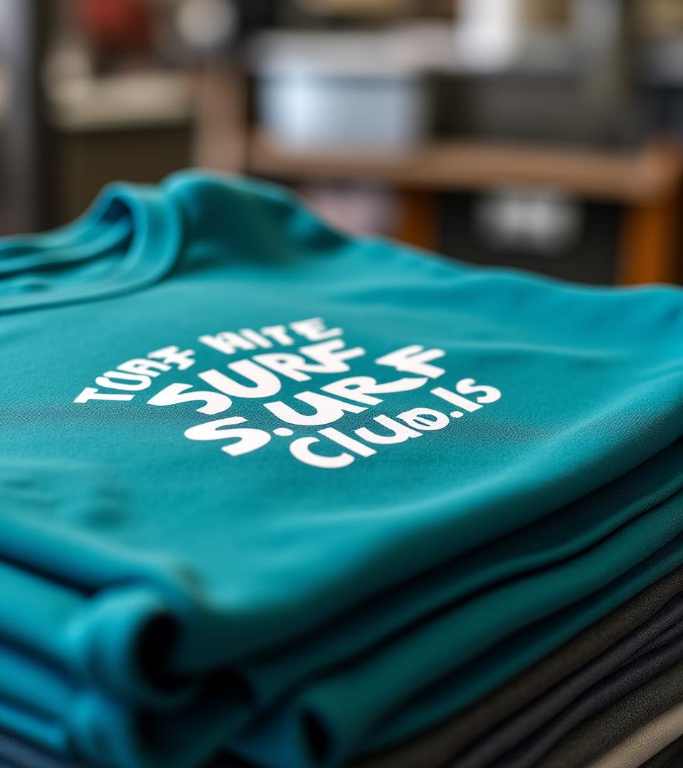 Stacks of custom printed t-shirts