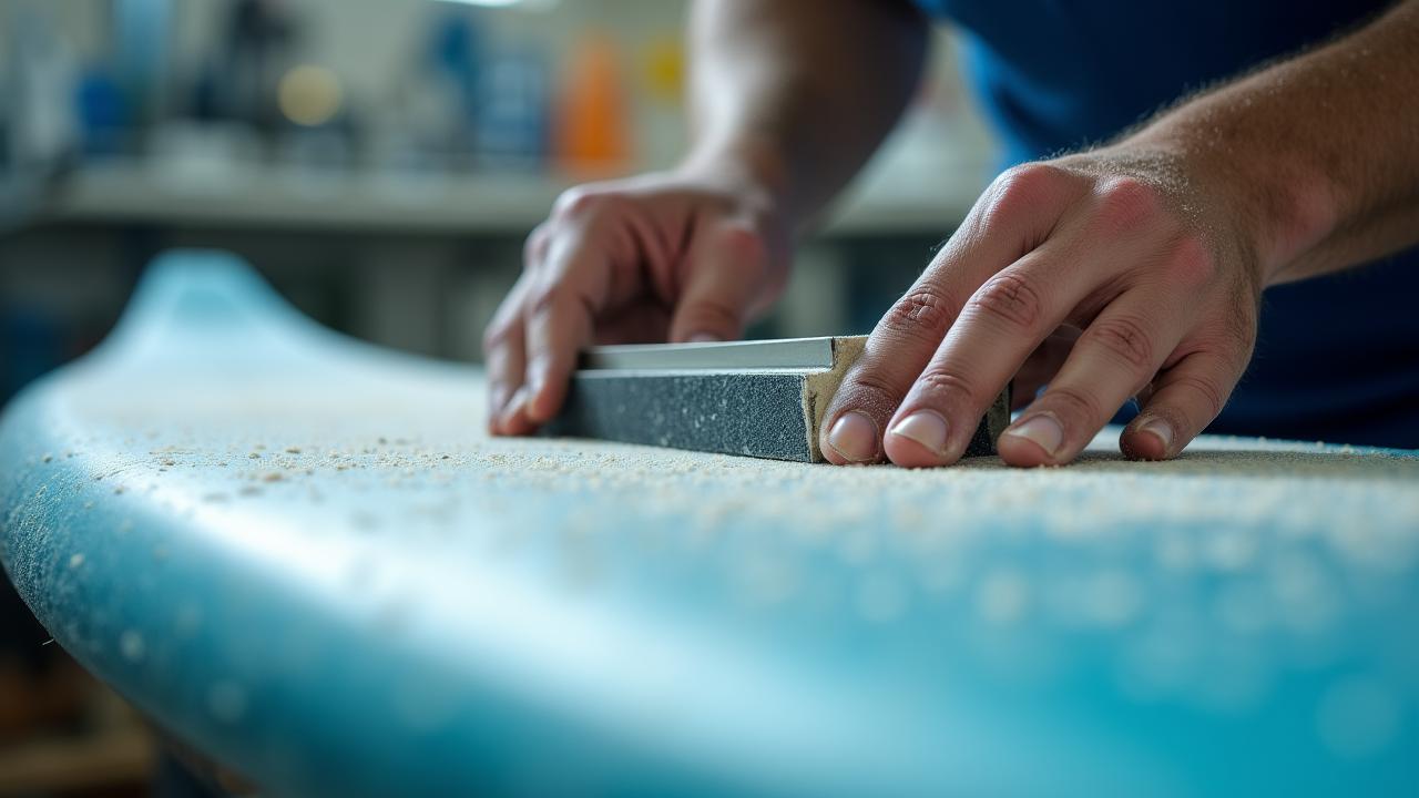 Master shaper working on a custom surfboard in a Miami studio