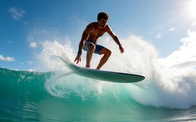 Competitive surfer Husian Jurado catching air on a custom shortboard