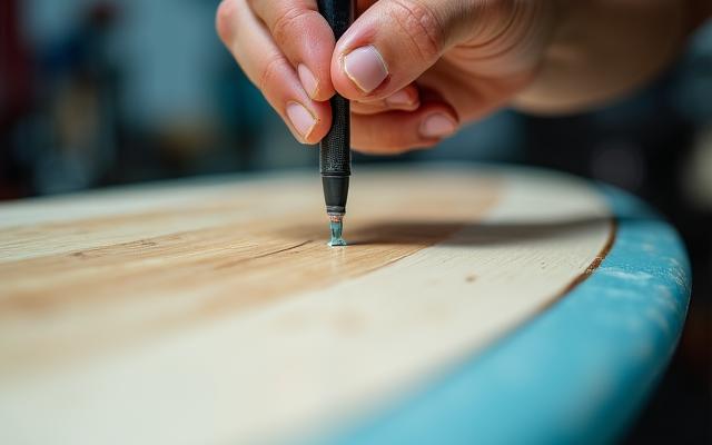 Close up of surfboard repair craftsmanship