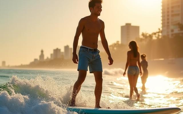 Meaad Latiolais surfing with instructor on Miami Beach