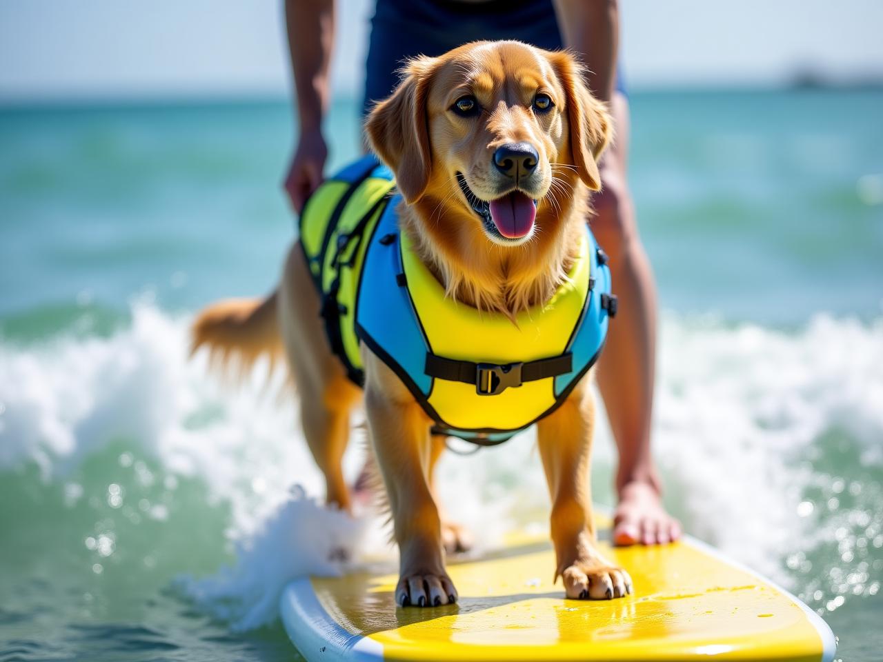 Dog surfing in Miami wearing a yellow flotation vest