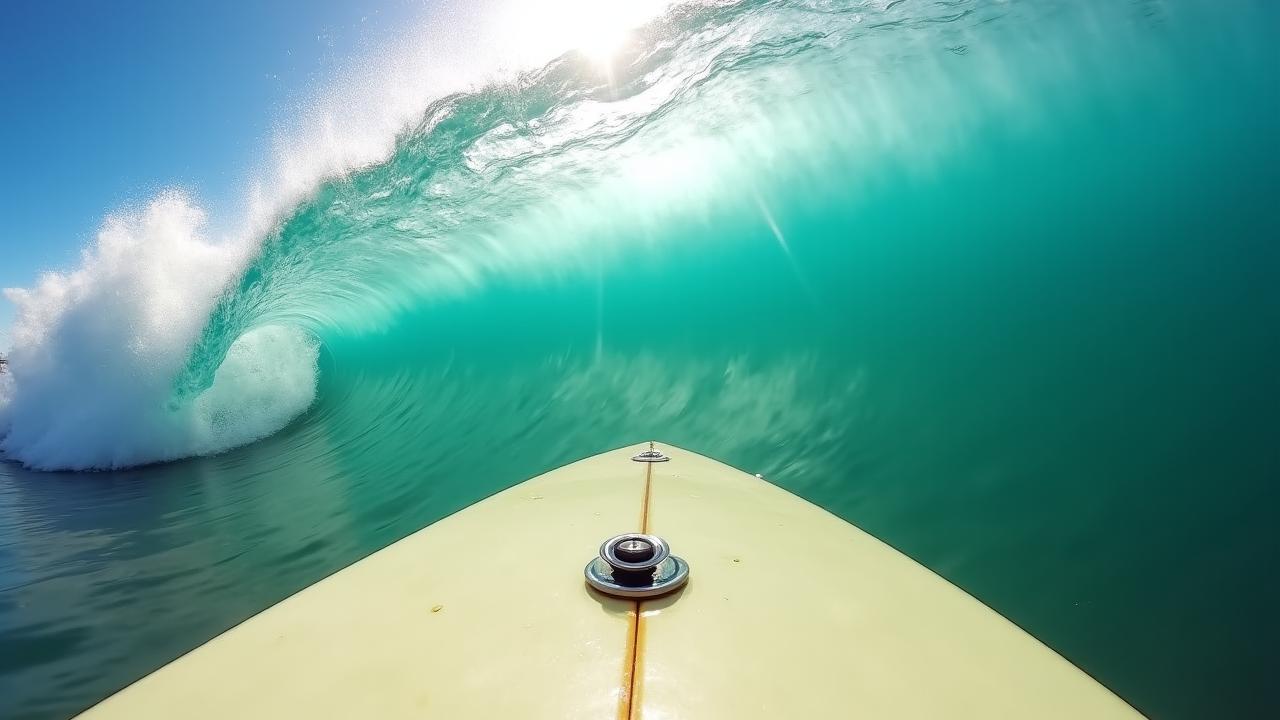 Action camera mounted on surfboard nose