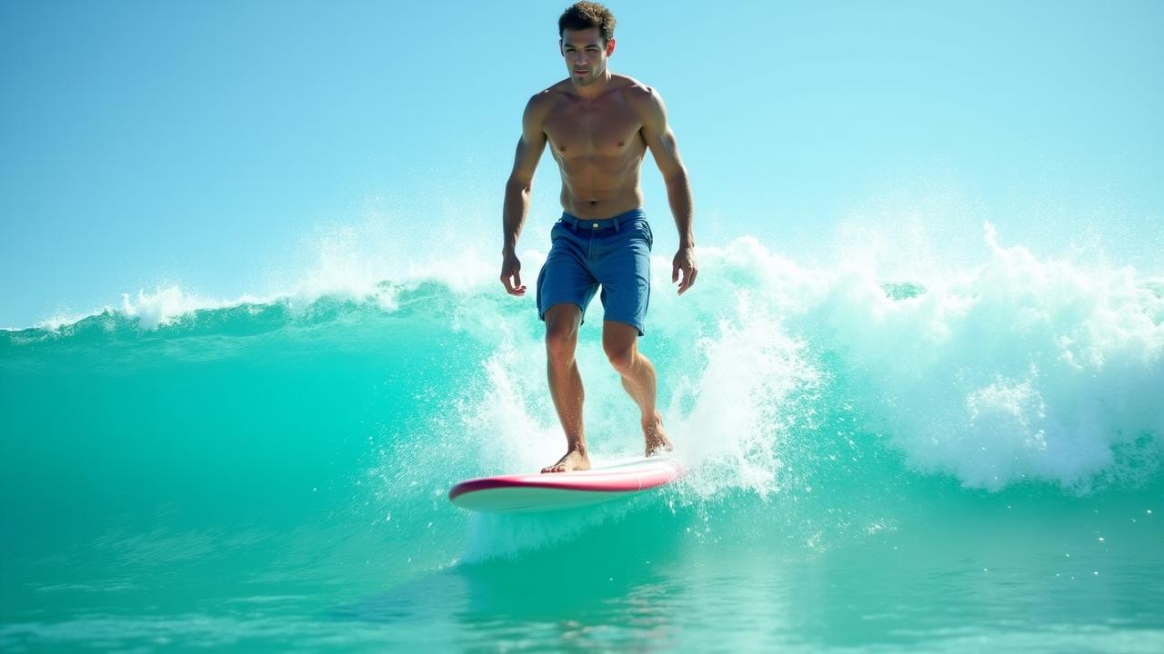 New surfer successfully catching their first wave on Miami Beach