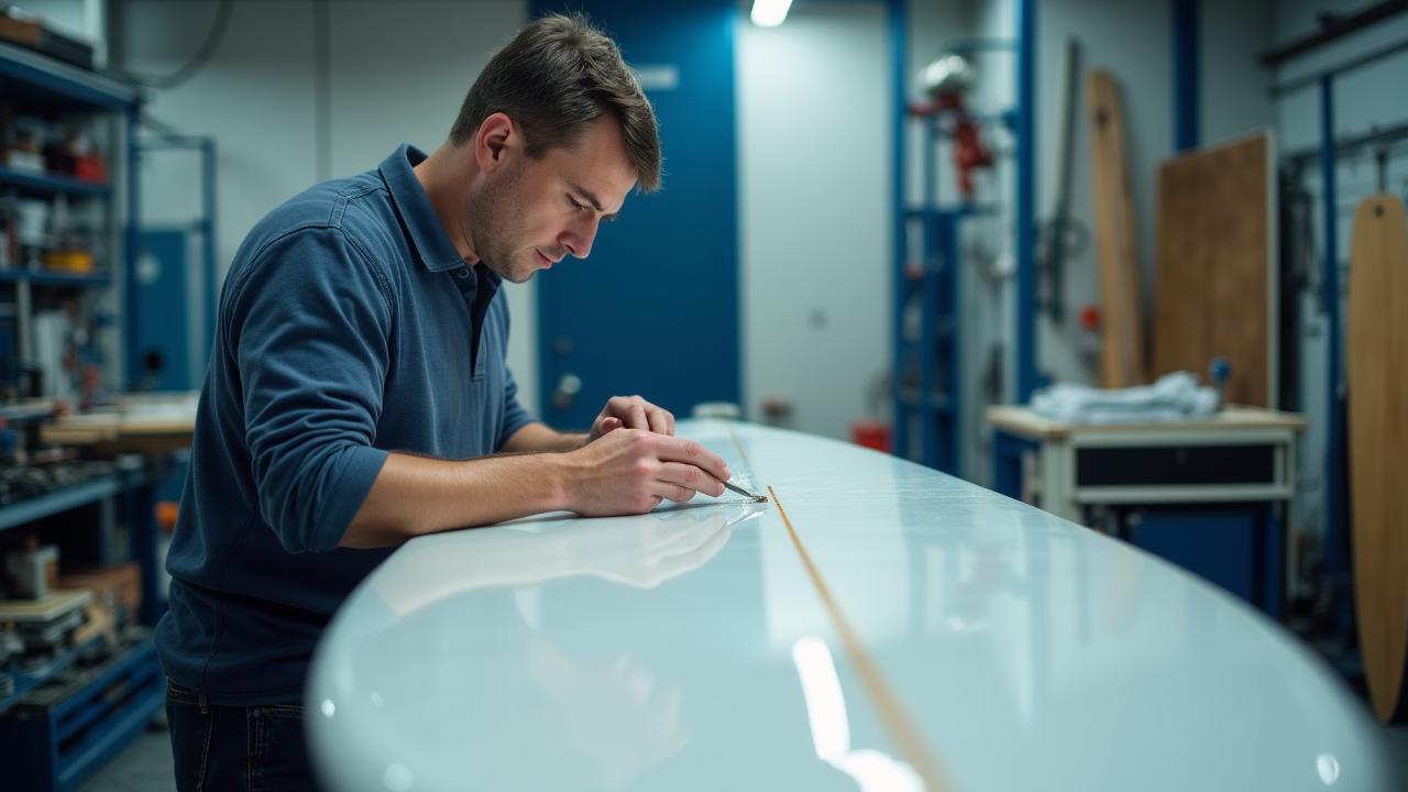 Surfer waxing a custom board in a professional workshop